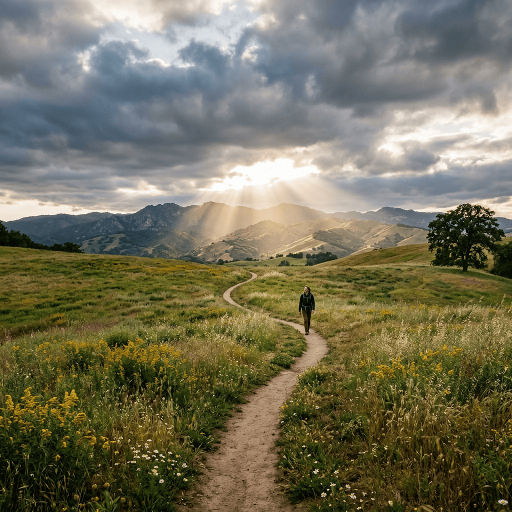 A hiker walks along a meadow trail toward mountains beneath sunbeams
