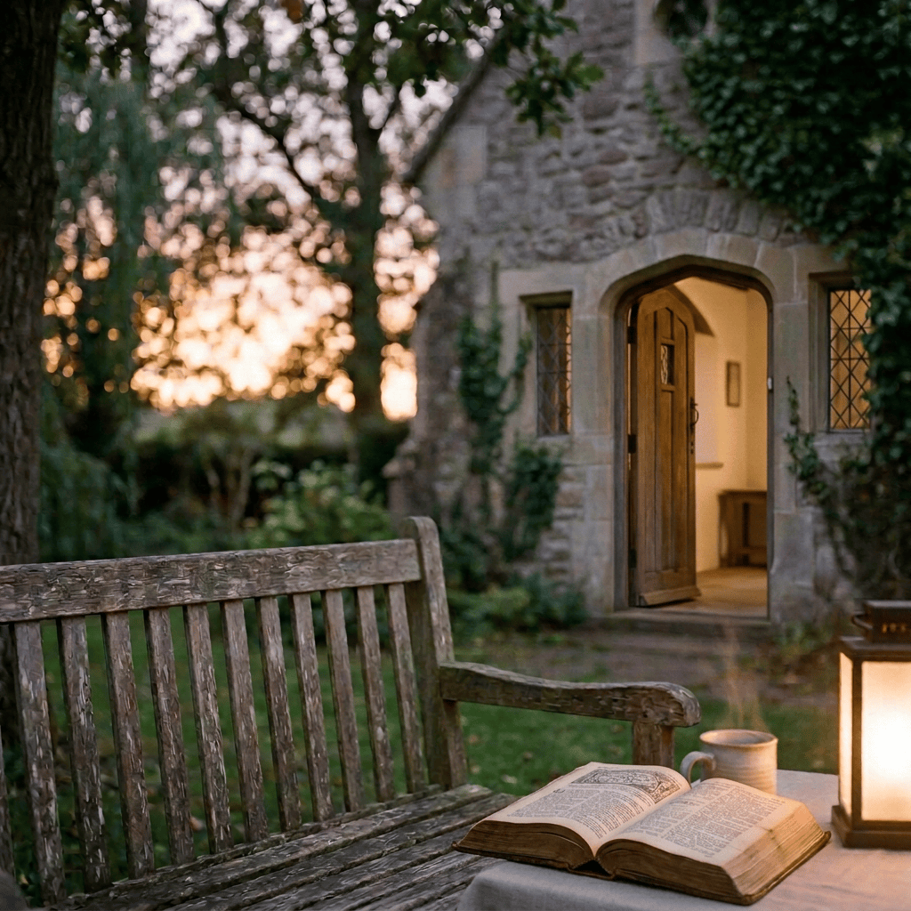Woman reading an open book beside a lantern-lit chapel at dusk